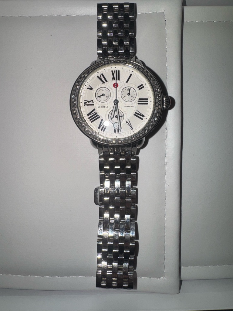 Michele SilverTone Diamond Bezel Watch With White Dial
